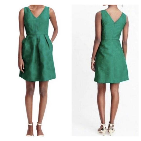 J.Crew Jacquard V-Neck Dress Size 14 Dublin Green Pleated Skirt Cotton - Picture 2 of 9